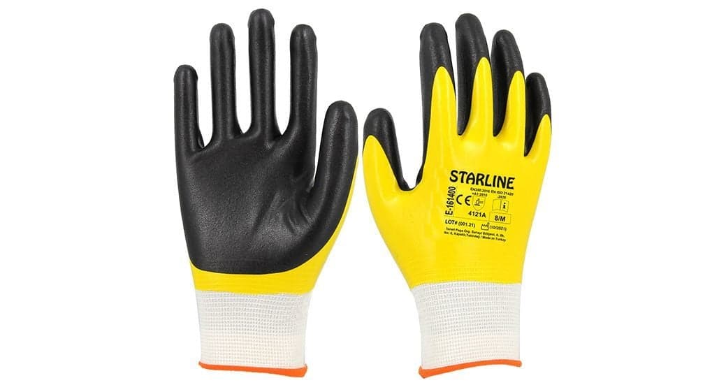 Starline E (161400 Full + 1/4 Nitril Kaplı Naylon Astarlı A Kesilmez Eldiven ) | 4121A Sarı / Siyah - KIEKKD İş Elbiseleri