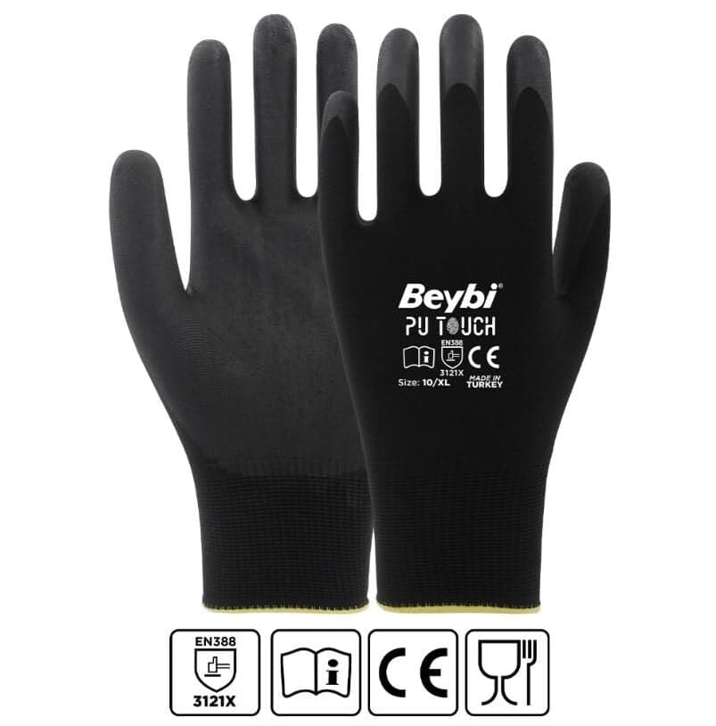 Beybi Pu Touch Poliüretan Kaplı Polyester Örme Eldiven Siyah